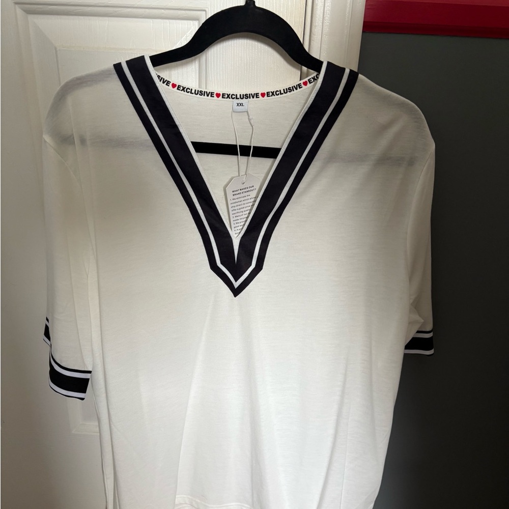 White V-Neck Women's Top with Black Trim